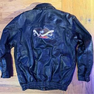 Vtg 80s Patchwork Black Leather Jacket W/ Embroidered USA Flag & Eagle Patch XL
